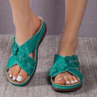 Women Floral Decor Cross Strap Slides Shoes Open Toe Low Wedge Sandals Hollow Out Solid Color Slippers - details 2