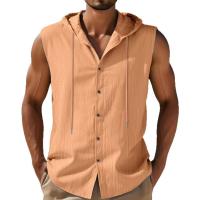 Camisa americana de lino de verano para hombre, informal, sección delgada, con capucha de lona, sin mangas, tipo chaleco. - details 0