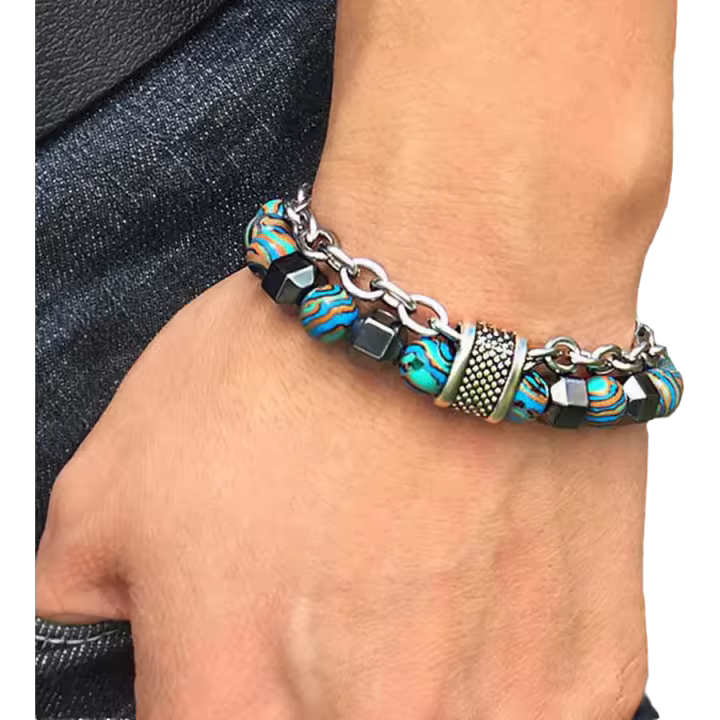 Elviragirl, 1 pieza, cadena de acero inoxidable, piedra de malaquita Artificial, pulsera de cuentas para hombre, pulsera de piedra Natural - 1