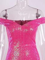 Vestido de fiesta con forro completo de lentejuelas rosa brillante, con tirantes, ajustado, acolchado, para noche y discoteca - details 9