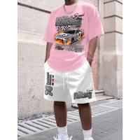 Conjunto de dos piezas de pantalones cortos de manga corta de moda con estampado de carreras de verano para hombre - details 2