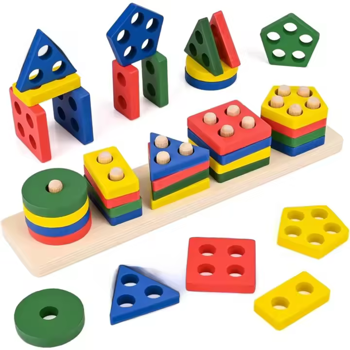 Juguetes de Madera Apilar y Encajar, 21 Piezas, Montessori de 1, 2 y 3 Años, Apilador Geométrico de Madera - 1