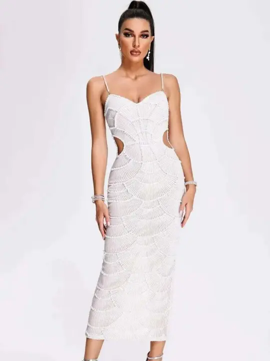 Vestido largo ajustado con cuentas de perlas blancas y cuello en V sexi para mujer, vestido elegante de fiesta de noche y cumpleaños - 1