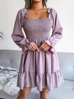 Vestido elegante de manga larga para mujer, falda de cuello cuadrado, de Color sólido vestido de volantes, moda de primavera y otoño - details 20