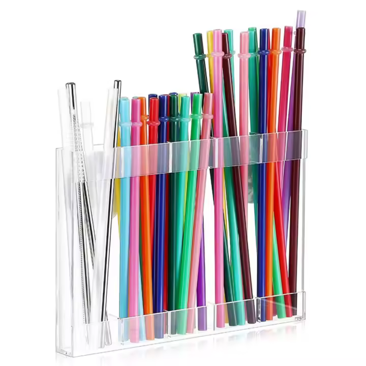 Soporte de paja acrílico reutilizable, 5 rejillas, dispensador de almacenamiento de paja, ahorro de espacio, contenedor de accesorios de cocina montado en la pared - 1