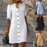 Blusa holgada de lino y algodón de 4 colores para mujer, vestido de verano para mujer con cuello vuelto y botones, blusa holgada lisa de manga larga - details 1