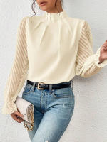 Jersey elegante de Cuello medio alto para mujer, de Color sólido Camisa de gasa, blusa de manga larga con volantes ondulados, Tops sueltos informales para mujer, novedad - details 1