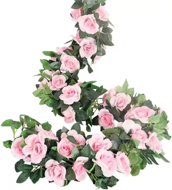 Guirnaldas de rosas artificiales, 4 piezas (28,8 pies), guirnaldas de flores de seda falsas con plantas verdes (blancas) - 1