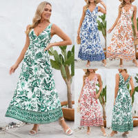 Vestidos largos bohemios para mujer, cuello en V, sin mangas, cintura alta, Maxi, estampado naranja, playa, S - details 2