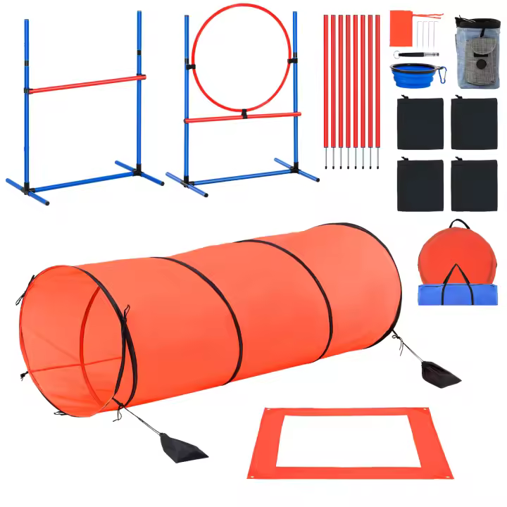 SucceBuy Equipo de entrenamiento de agilidad para perros, obstáculos altos ajustables, postes de tejido, túnel, anillo de salto, caja de pausa, silbato, cuenco plegable, kit de carrera de obstáculos para cachorros con 2 bolsas - 1