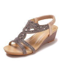 Sandalia tacón inclinado sandalias de moda verano nuevo estilo Feng Shui diamante banda elástica zapatos romanos - details 3