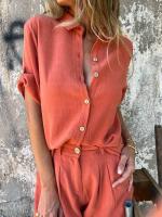 Conjunto casual de verano 2024 TEMU de algodón y lino con pantalones cortos y manga corta para mujer - details 7