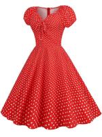 Vestido midi de fiesta informal con cuello en V y manga corta abombada de verano con estampado de puntos vintage elegante para mujer - details 12