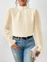 Jersey elegante de Cuello medio alto para mujer, de Color sólido Camisa de gasa, blusa de manga larga con volantes ondulados, Tops sueltos informales para mujer, novedad - details 3