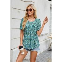 BUNO-2025 Nueva camisa de verano 2025 para mujer, ropa para mujer, blusa con cuello en V, Tops de manga corta a la moda, blusas holgadas con estampado Floral a rayas para mujer - details 3
