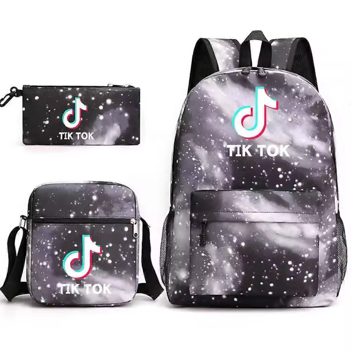 Mochila escolar Tiktok de tres piezas, mochila informal para estudiantes, mochila para exteriores de gran capacidad, bolso de lona informal, cielo estrellado negro ~ 3 - 1