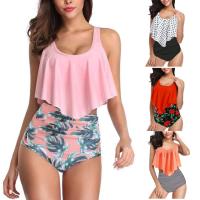 Conjuntos de dos piezas sexys para mujer, trajes de baño con volantes, ropa de playa estampada, conjunto de Bikini de cintura alta, trajes de baño Tankini con realce - details 0