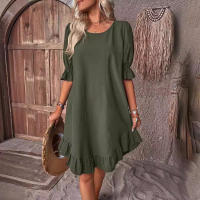 Vintage Retro volante suelto vestido de verano cuello redondo media manga Color sólido Mini vestidos de fiesta NMD-3018 - details 2