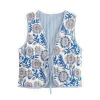 Ropa de otoño de 2024, mujer floral rosa, estampado de anacardo superior, chaleco vintage abotonado, chaleco acolchado para mujer con lazo frontal - details 1