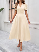 Primavera Verano elegante cintura con cuello en V Color sólido vestido de manga corta moda mujer - details 21