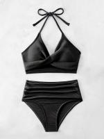 Bikini de Cintura Alta 2025 Traje de Baño de Halter para Mujeres Traje de Baño Sólido - details 2