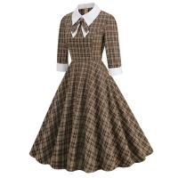 2025 nuevo Vintage marrón a cuadros Rockabilly Midi vestidos cuello vuelto arco 3/4 manga larga Otoño Invierno mujer vestido elegante - details 4
