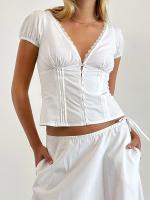 Camisa informal de verano de Color sólido para mujer, manga corta, cuello en V profundo, cinta Ence, Tops cortos dulces de fiesta con botones - details 5