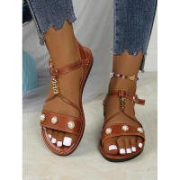 Sandalias planas de talla grande con hebilla en el tobillo y cuentas de perlas para mujer, novedad de verano - details 7