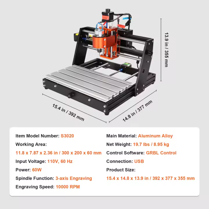 SucceBuy Máquina enrutadora CNC de 120 W, control GRBL de 3 ejes para grabado, tallado y fresado de madera. 1200 RPM. Para madera, acrílico, MDF, PVC, plástico y espuma. - 1