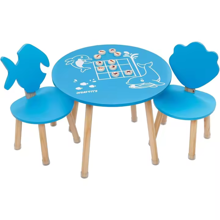 Mesa y Silla Infantil Divertidos Formas Marinas y Juego en Raya Madera de Pino Montaje Fácil - 1