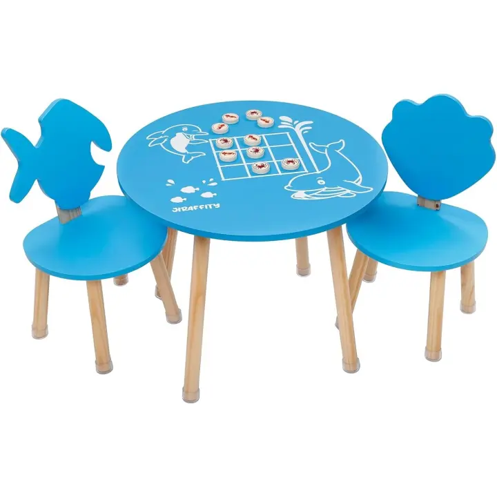 Mesa y Silla Infantil Divertidos Formas Marinas y Juego en Raya Madera de Pino Montaje Fácil - 1