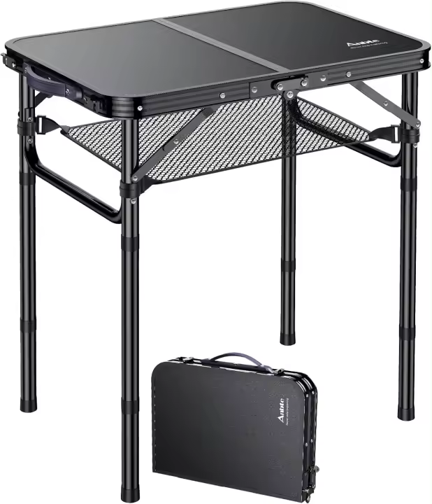 Mesa de Campamento Portátil Ajustable 59x40x25.4/49/67cm Impermeable, Negro, Para Playa y Terraza Exterior BBQ - 1