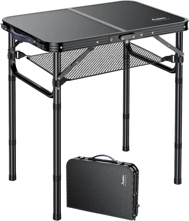 Mesa de Campamento Portátil Ajustable 59x40x25.4/49/67cm Impermeable, Negro, Para Playa y Terraza Exterior BBQ - 1