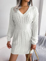 Knitted Sweater Dress For Women  Autumn Winter Long Sleeve Slim Waist Knitwear Clothes White Blue Khaki - details 9