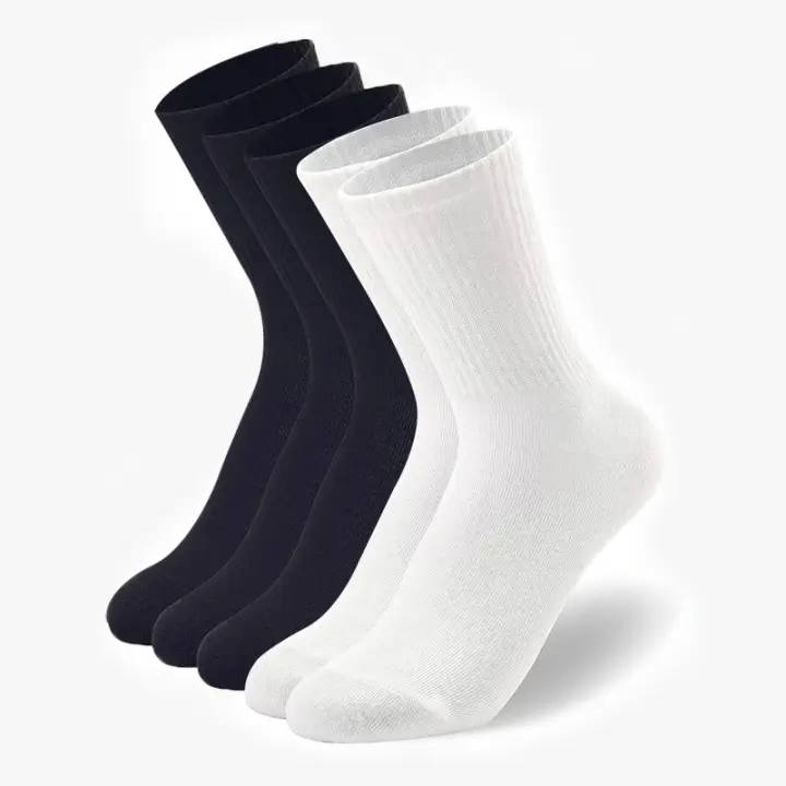 Calcetines de tubo medio para hombre, medias suaves y transpirables, informales, 65% poliéster, 35% algodón, color blanco y negro, para otoño e invierno, 5 pares - 1