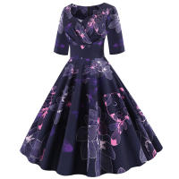 Women floral print casual half sleeve elegant vintage party dress - details 12