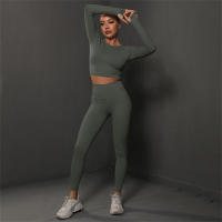 Conjuntos de gimnasio para mujeres 2 piezas manga larga ropa de yoga top cropped costilla alta leggings sin costuras material elástico para primavera/verano - details 24