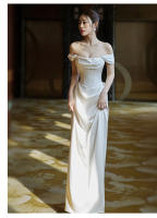 Elegante Vestido de Novia de Sátin Blanco Ajuste Delgado, Cola de Pescado, Temperamento de Lujo Ligero Moda de Mujer - details 7