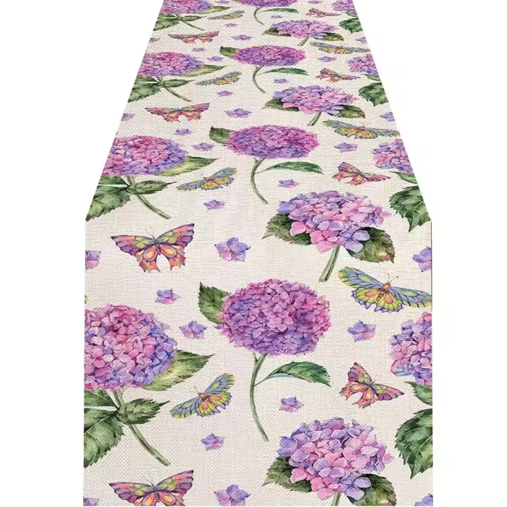 Camino de mesa de hortensia de lino, cubierta Rectangular con patrón de flores, antimanchas, 183CM - 1