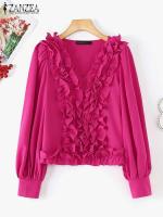 Camisas Vintage para mujer, Tops de moda americana, blusa informal holgada lisa con cuello en V, Túnica elegante de manga larga con volantes - details 3