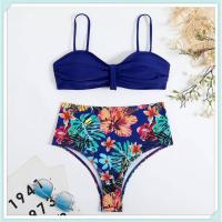 Conjunto de bikini bandeau liso, estampado tropical sexy, traje de baño mejorado para mujer, traje de baño de cintura alta con encaje en la espalda, ropa de playa - details 17