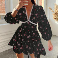 Ropa de mujer europea y americana nuevo temperamento dulce impresión con cuello en v cintura de encaje vestido corto - details 19
