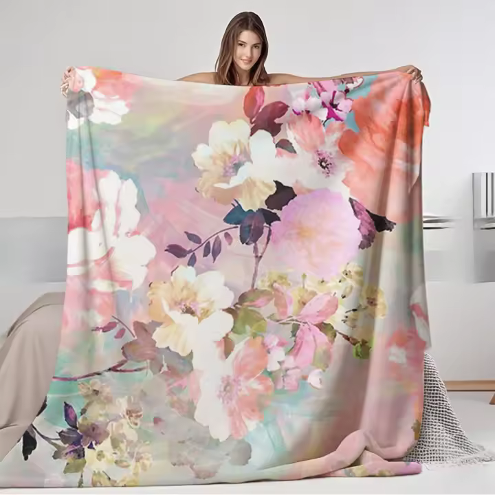 Manta de franela Floral Vintage para decoración de temporada, colcha romántica de acuarela rosa y verde azulado, mantas resistentes a los olores - 1