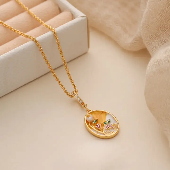 Collar de pintura al óleo de jardín, cadena de clavícula de nicho de lujo ligero, collar colgante versátil simple de alto sentido para mujer - 1