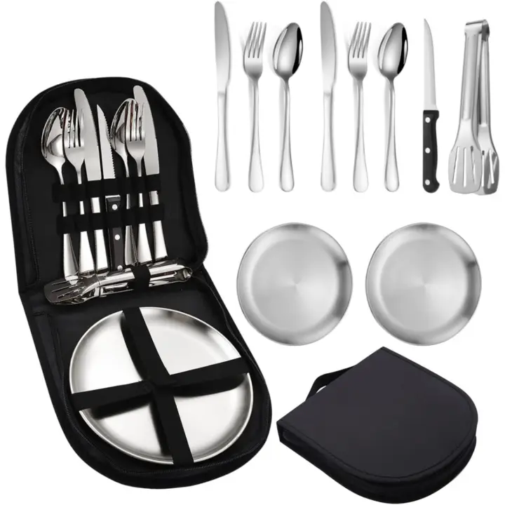 Juego de Cubiertos Portátil de Camping Entersports Utensilios de Mesita al Aire Libre de Acero Inoxidable para 2 Personas Set de Picnic con Cuchillos - 1
