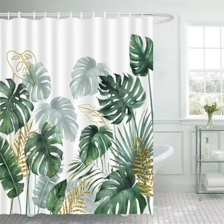 Cortina de Ducha con Hojas de Palma Brillantes y Florales de Gourd Poliéster para Decoración del Hogar y Baño con Gancho - 1