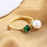Anillo de Perla Abierto de Lujo de Esmeralda Diseño de Nicho de Oro Plateado de Alta Gama - details 2