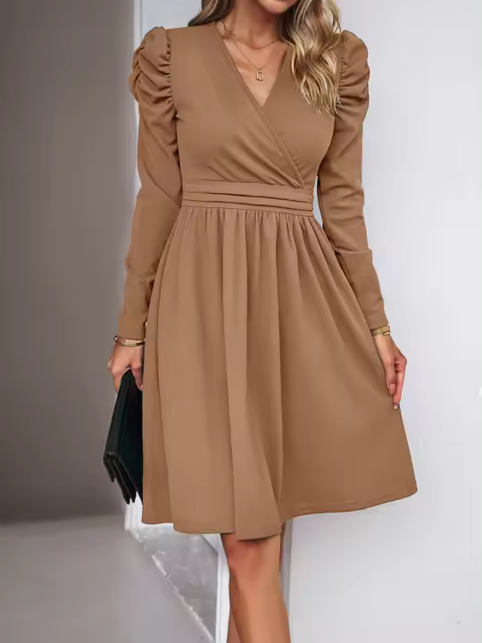 Vestido elegante de manga larga con cuello en V para mujer, ropa de calle de Color sólido, moda de viaje, otoño e invierno, 2023 - 1