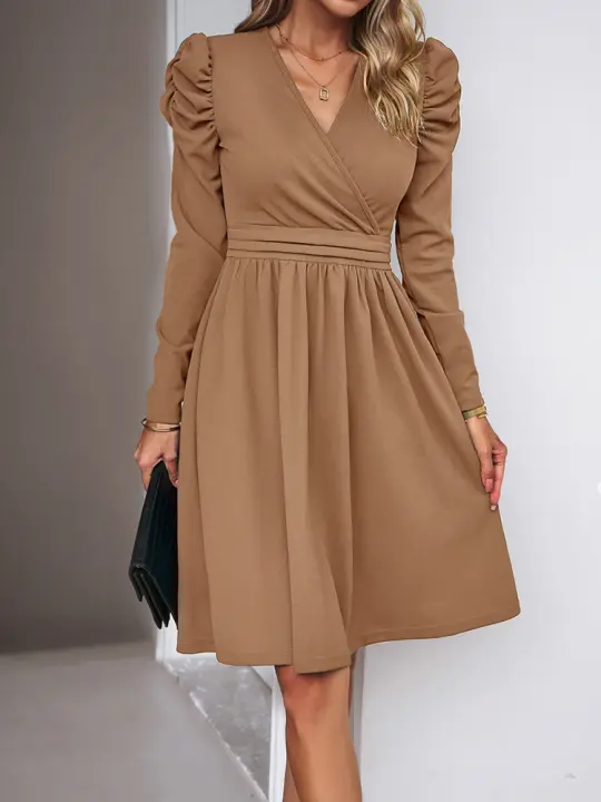 Vestido elegante de manga larga con cuello en V para mujer, ropa de calle de Color sólido, moda de viaje, otoño e invierno, 2023 - 1