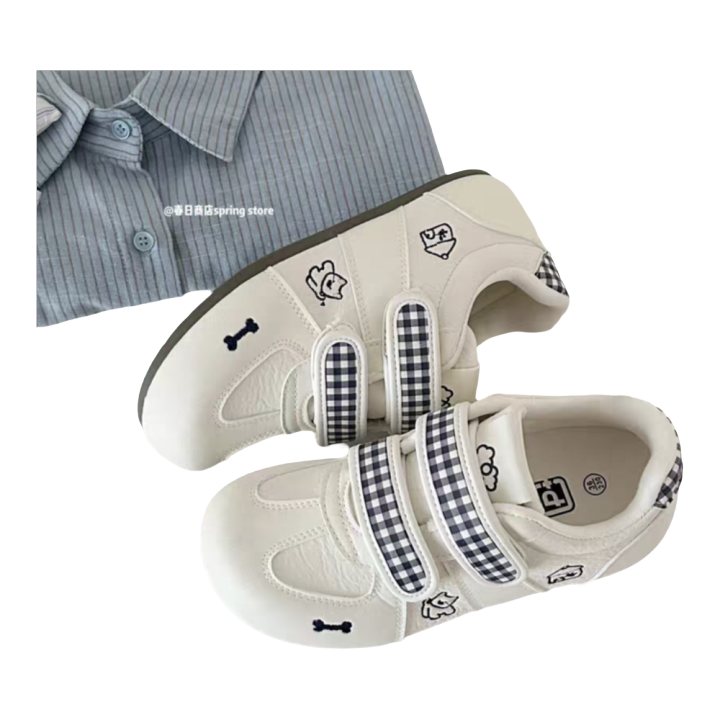 Sweet Puppy Embroidered Women's Casual Shoes Plaid Velcro Wide Toe Lightweight Footwear